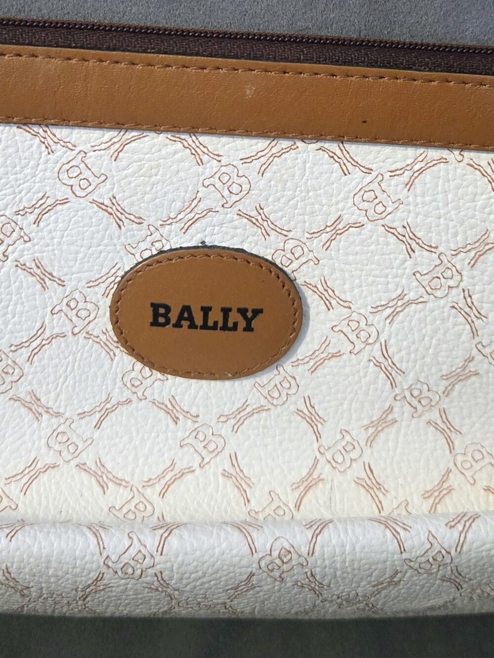 Vintage BALLY Monogram Clutch Pouch Bag-White/Tan PVC with Leather Trim